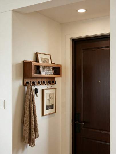 1 chiếc giá treo thư và chìa khóa gắn tường kiểu nông trại 6 móc với giỏ lưới kim loại - Hộp đựng đồ dùng nhỏ gọn cho lối vào nhà - Vật dụng thiết yếu để sắp xếp nhà cửa theo phong cách cổ điển