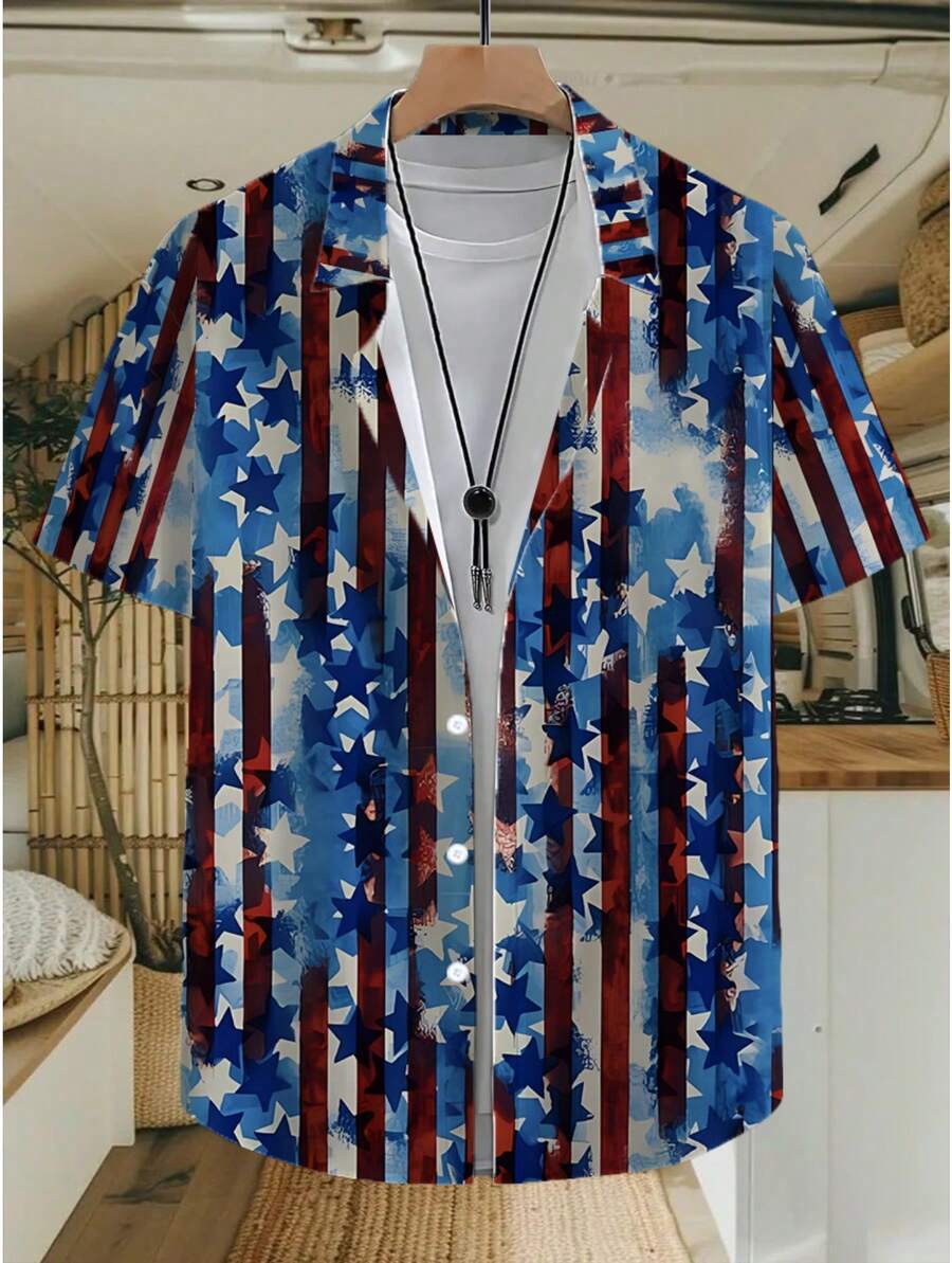 Pattern Of Vivid Stars And Artistic Red And Blue Brush Stripes Symbolizing Freedom And Optimism In Modern Abstract Style 3D Printed Casual Shirt For Men Summer Button Down Beachwear - 白色 - 查看 1