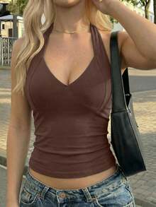 Vaiaye Damen sexy anliegendes Camisole-Top mit tiefem V-Ausschnitt, einfarbiges gestricktes Trägershirt, Damen Fitness Bekleidung, Frühling & Sommer Karnevals-Outfit 2026, geeignet für täglichen Gebrauch und lässige Bürokleidung - Braun - Übersicht 4