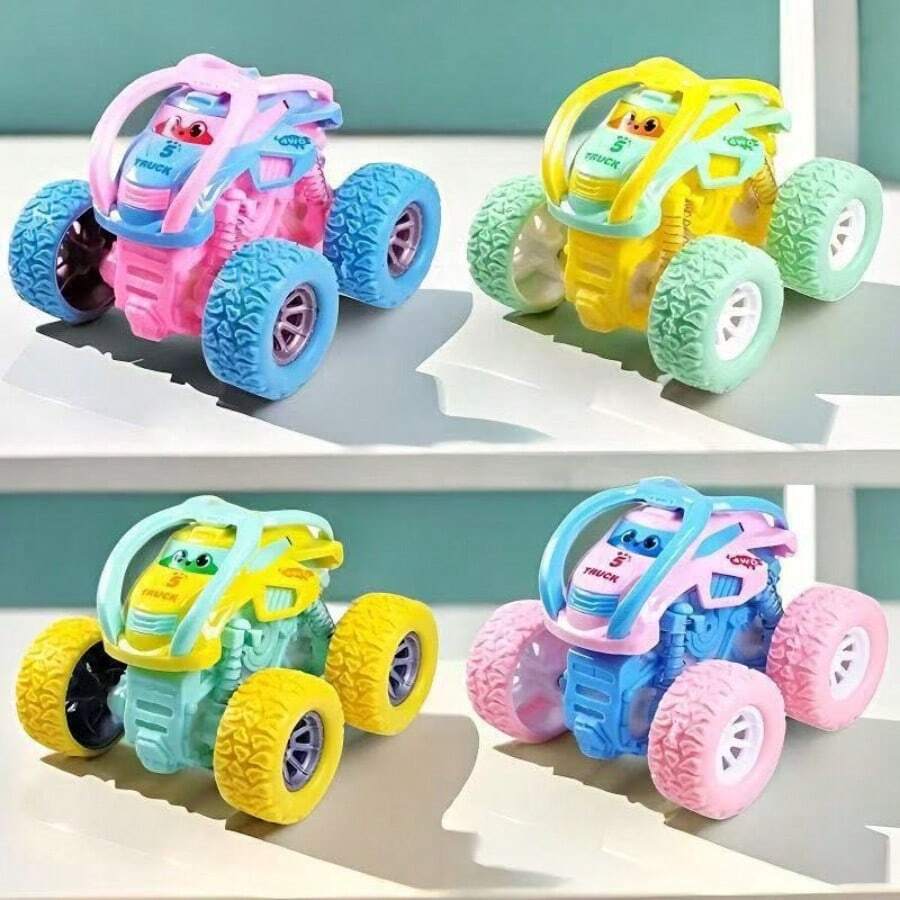 4Pcs Monster Truck Stunt Car Toys, Flipping Rotating Inertia Pull Back Car, Summer Outdoor Backyard Beach Camping Play Toy, Classic Off Road Vehicle Car Toys, Birthday Holiday Gift For 2 3 4 5 6 Years Old Boys Girls Toddlers - 彩色 - 查看 1