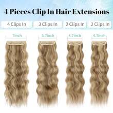 Clip in Synthetic Hair Extensions Long Wavy 4PCS Thick Hairpieces Light Brown mix Golden Blonde Fiber Double Weft Natural Hair Extensions 24 Inch for Women - Mezcla de castaño claro y rubio dorado - Ver 3