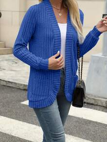 New Spring/Summer Fashion Elegant Solid Color Casual Ribbed Knit Cardigan Sweater - Royal Blue - View 4