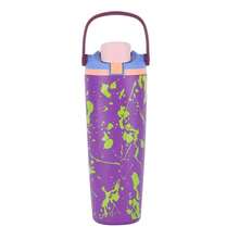 Sway 30oz Insulated Water Bottle Straw Double Wall Vacuum Tumbler Cup Leakproof Hot Cold Drink For Gym Office Camping Car Travel Mug For Men And Women, Ideal For Sports, Fitness, Car Use, Camping, Hiking, Cycling, And Outdoor Activities - Splashing Ink - 查看 3