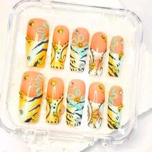 DiDa Nails 10 PCS Handmade Medium Square Press-On Nails | Orange-Yellow Gradient Blue Floral & Gold Bangle Sweet Girl Style With Orange-Yellow Bases, 3D Blue Floral & Gold Bangle Embellishments - Màu nâu  Mocha - Xem 8