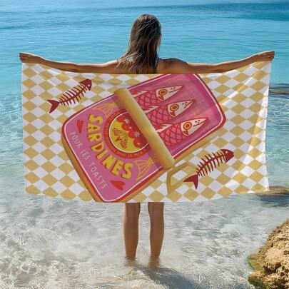 1条黄色菱形格子沙丁鱼罐头印花沙滩巾/浴巾，单面印花，速干超柔软纤维沙滩巾，防晒披肩，瑜伽垫，便携式假日沙滩泳池运动毛巾，亲肤柔软礼品毛巾，轻便浴室沙滩巾