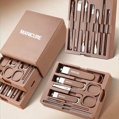 13pcs Upgraded Nail Care Set With Mirror, Nail Clippers, Eyebrow Scissors, Face & Hand Care Tools In Dual-Layer Storage Box, Portable & Convenient, Great Gift For Family, Friends, Mother's Day, Valentine's Day, Brown