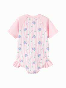 Balabala Young Girl Striped & Ditsy Floral Short Sleeve Romper Swimsuit - Pink - View 2