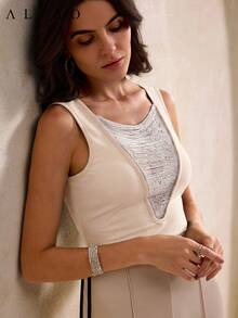 Aliao Sleeveless V-Neck Rhinestone Decorated Vintage Elegant Fitted Vest Top, Suitable For Daily, Casual And Outdoor Wear, Spring/Summer - Apricot - View 2