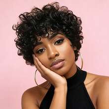 Curly Afro Human Hair Wig Natural Color None Lace Glueless Full Machine Made Soft Hair No Shedding Short Pixie Cut Wig Human Hair Glueless Pixie Cut Wigs For Women Natural Black Color For Daily Use Full Machine Made Wig No Glue Short Curly Human Hair Wig - Natural Black - 查看 6