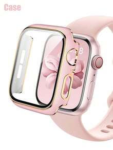 1件電鍍2合1強化玻璃超薄螢幕保護殼，適用於Apple Watch 40/41/42/44/45/46/49mm，Series 12 Ultra/SE/11/10/9/8/7/6/5/4 - 粉紅+金色 - 查看 2
