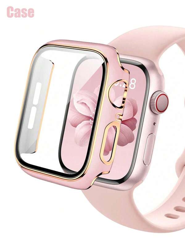 1pc Women Men Pink Fashionable Carved 2 In 1 Ultra-Thin Tempered Glass Screen Protector Anti-Fall Watch Case, For Apple Watch Case 40/41/42/44/45/46/49Mm, For Apple Watch Series Ultra/SE/11/10/9/8/7/6/5/4, Intelligent Watch Case Accessories