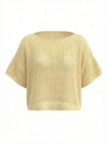 女士优雅休闲镂空网眼无袖针织套头毛衣，适合春夏海滩度假 - 黃色 - 查看 8