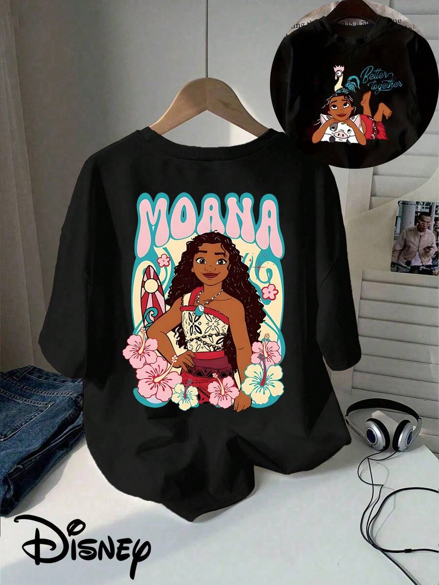 (Authorized By Disney) Two-Sided Ocean Romance MOANA, Tropical Flower Printed T-Shirt, Di Moana Retro Font, Moana Surfboard Pattern, The Fabric Is Soft, Comfortable And Breathable, Suitable For Daily Wear, Shopping, Traveling, Gathering And Home Use. It Is Also Suitable As A Beautiful Gift. Every Woman Should Have One. - Black - View 1