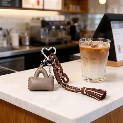 心形皮革钥匙扣，配蝴蝶吊坠、编织流苏和金属挂钩，优雅包包挂饰，创意礼物