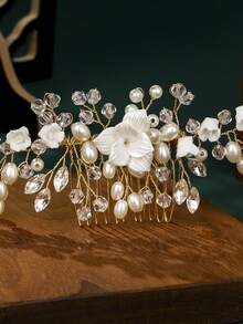 1件手工珍珠花朵新娘发梳，浪漫水钻发夹，婚礼礼服配饰，派对及拍照发饰 - 彩色 - 查看 8