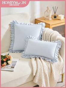 1pc Prewashed 100% Polyester French Romantic Ruffled Quilted Pillow Sham, Without Filling, Envelope Closure, Wrinkle Resistant, Machine Washable, OEKO-TEX Certified, Blue - Blue - View 2