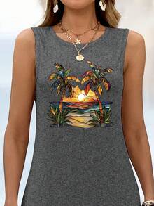 Imitation 2D Coconut Beach Pattern Printed Tank Dress 6424 - 黑色 - 查看 3