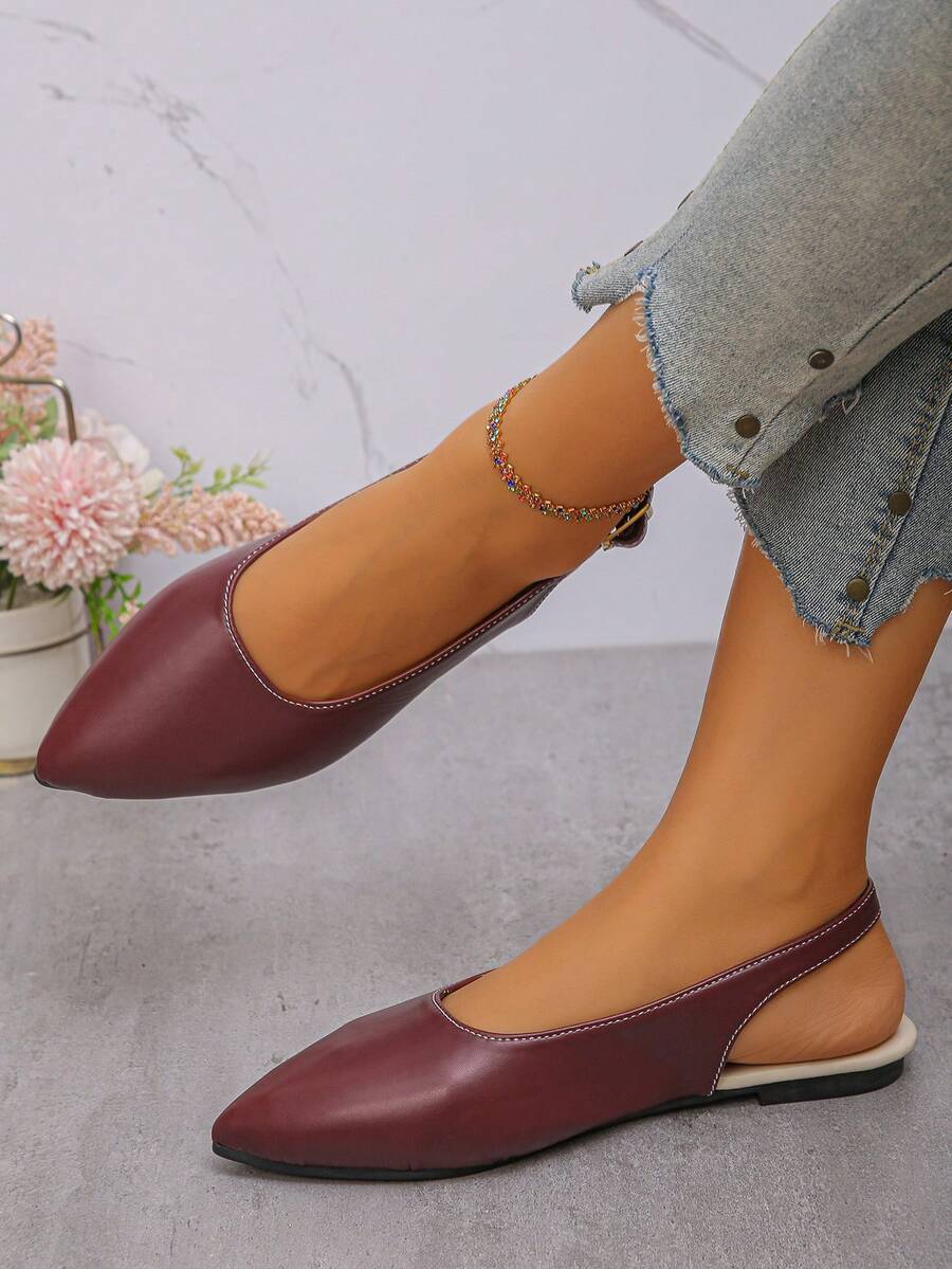 Plus Size 35-45 Women's Pointed Toe Color Block Flat Shoes, New Autumn Outdoor Daily Wear Matte PU Soft Bottom Work Driving Loafers - Wine Red Matte PU - View 1