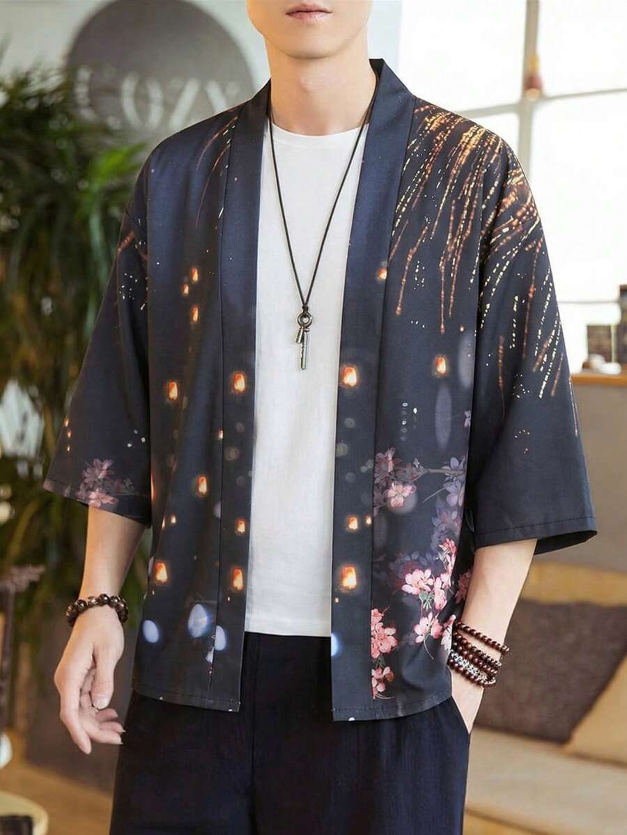 Áo choàng tay lửng in họa tiết kiểu Nhật, áo khoác cardigan rộng rãi chống nắng kiểu Trung Quốc, áo khoác kimono nam thường ngày. - màu đen - Xem 1