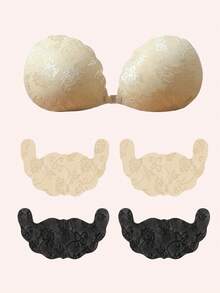 Women's Silicone Adhesive Bras With Floral Lace Design – 1 Reusable Pair With Lifting Effect + 2 Pairs Of Nipple Lifting Adhesives, Natural Push-Up, Invisible For Low-Cut Necklines And Strapless Dresses – Women's Lingerie Accessories, Colors: Nude And Black - 彩色 - 查看 19