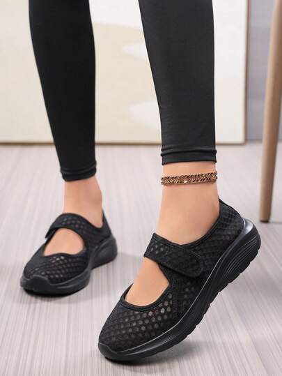 Women's Summer Mesh Slip-On Sneakers, Lightweight Breathable Work Shoes, Adjustable Hook And Loop Closure, Hollow-Out Casual Shoes For All Seasons, Solid Color Travel Shoes, Walking Shoes