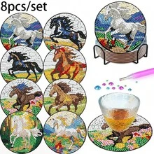 8pcs Set Equestrian Horse Diamond Painting Coasters With Holder, Vibrant Galloping Horse Pattern Cup Mats, Unique Handmade Gift For Housewarming & Horse Fans - Sets - View 2