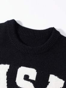 ANDREILEE Sweater Rajut Lengan Panjang Leher Bulat Kasual Unisex dengan Motif Huruf dan Bendera Amerika, Cocok untuk Musim Gugur dan Musim Dingin - Hitam - View 4