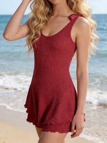 Women Summer Outfits Lettuce Trim Tie up Straps Backless Tank Tops and Elastic Shorts for Club Streetwear - Burdeos - Ver 2