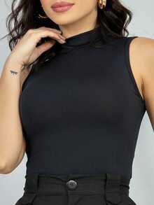Women's Tight Blouse High Neck Suplex Tank Top Bottle Cacharrel - 黑色 - 查看 5