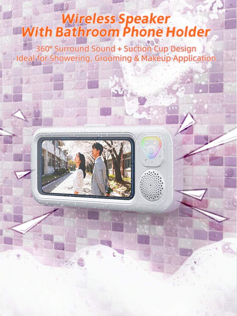 1个无线蓝牙防水浴室手机壳，带可伸缩可调节支架，蓝牙音箱，可用于淋浴和观看视频