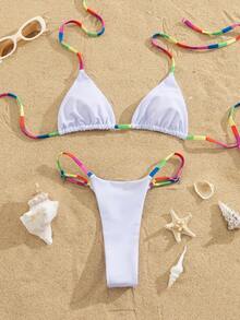 两件套彩虹条纹性感露背系带泳衣，时尚比基尼，适合海滩、度假村、舞台和音乐会，春夏度假白色 - 白色 - 查看 5