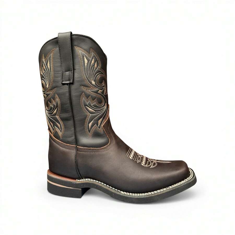 BOTA VAQUERA PUNTA CHATA PIEL BOVINA SUELA ANTIDERRAOANTE COSIDA - CAFE - Ver 1