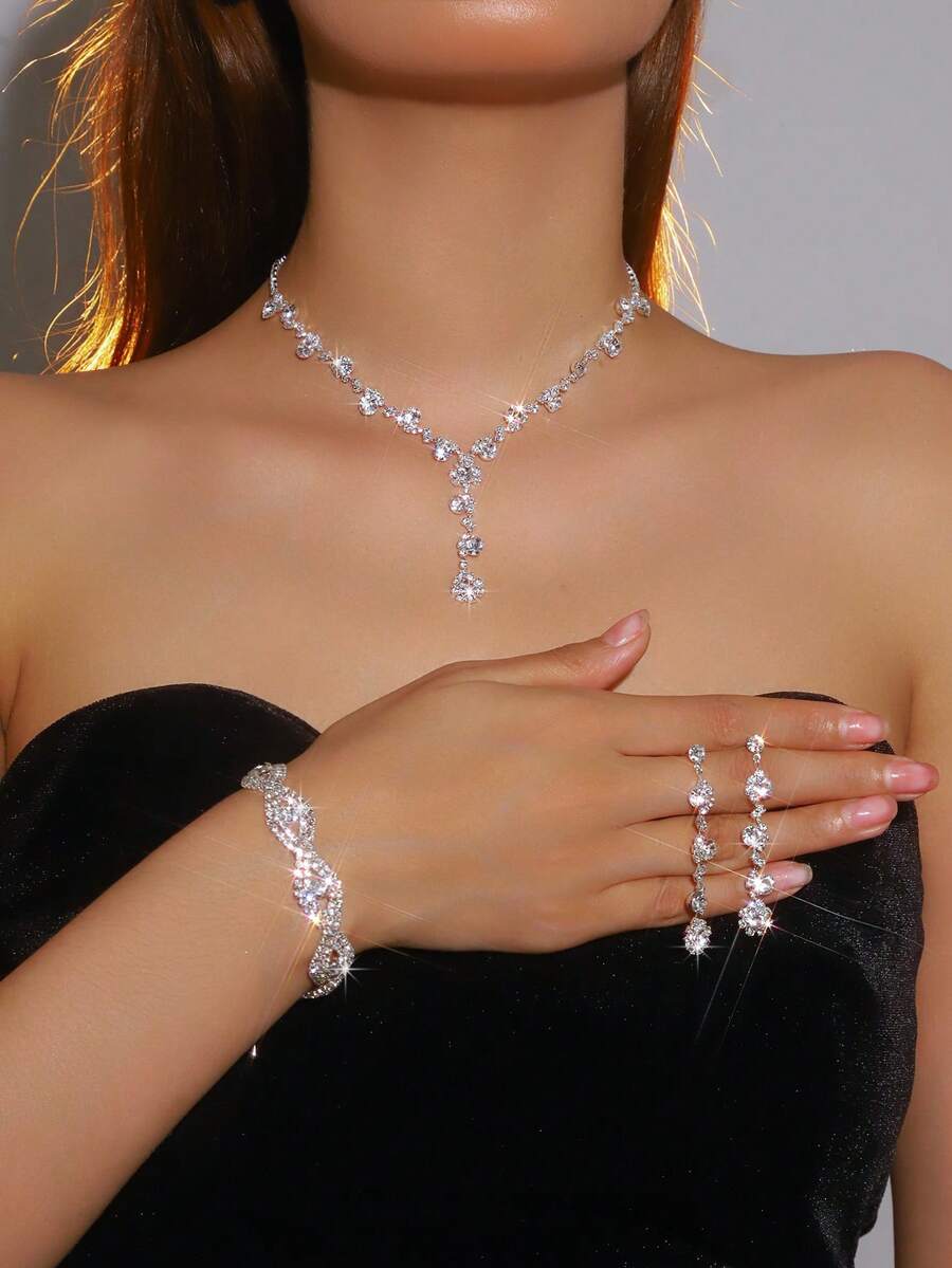 3pcs Set Elegant Necklace, Earrings, Bracelet, Floral Design With Rhinestones, Suitable For Women's Daily Wear, Weddings, Parties And Other Occasions - White - View 1