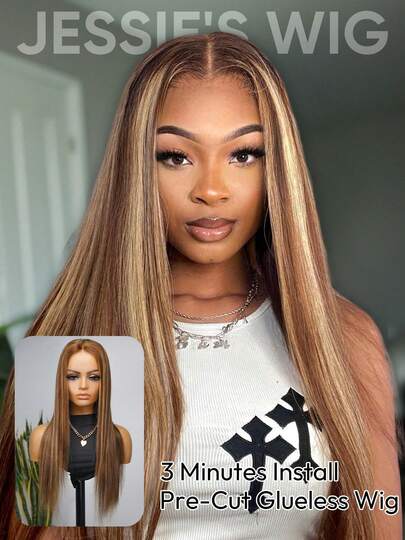  Jessie's Wig Pre Cut 4x4 Lace Straight Glueless Wig Human Hair Wear And Go Glueless Wig 180% Density 100% Real Human Hair 16-26 Inch Balayage Highlights Honey Blonde Wig