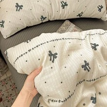 3件套亲肤可爱简约风奶油蓝蝴蝶结条纹印花被套组（1个被套+2个枕套，不含被芯），双面蝴蝶结条纹印花床上用品套装，柔软透气四季通用提花被套，适用于卧室、客房 - 彩色 - 查看 6