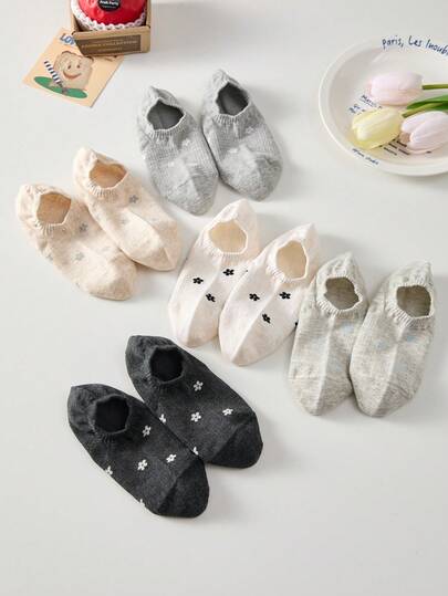 5 đôi tất ngắn nữ họa tiết hoa dễ thương, chống trượt, không lộ cổ chân, thoải mái, phù hợp cho mọi mùa.