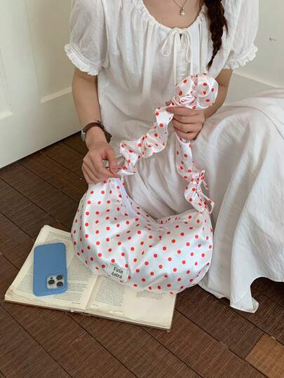 Korean Style Casual Polka Dot Print Dumpling Handbag, Large Capacity Crescent Shoulder Bag For Commuting, New Arrival