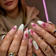 24PCS Pure Desire Style Sheer Nude Gradient Hand-Painted Pink Cherry Blossom Flowers With White Edge Luxury Press-On Nails Removable Nail Art - White - View 4