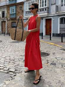 ZAHM 2026夏季红色无袖连衣裙，休闲宽松褶皱抽绳沙滩裙，优雅度假长吊带裙 - 紅色 - 查看 2