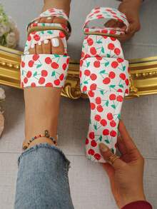 Cute Cherry Print Fabric Slippers, Women's Non-Slip Indoor Slippers, Breathable & Lightweight House Sandals - Multicolor - View 1