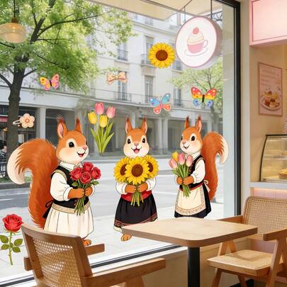 1/3 pièces Écureuil de dessin animé mignon tenant des fleurs Cling de fenêtre - Autocollant PVC statique réutilisable et double face. Idéal pour décorer les restaurants, les vitrines et portes de magasins, les salons et les chambres à coucher.