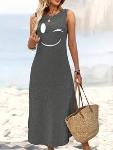 Graphic Print Tank Dress, Sleeveless Crew NeckCasual Dress For Summer & Spring, Women'sClothing - 灰色 - 查看 5