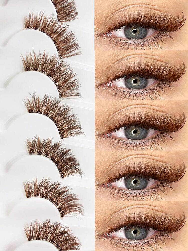 Asiteo 7 Pairs Brown Half-Strip False Eyelashes, Cat Eye Natural Makeup Effect, Transparent Stem, Winged Lashes, 3/4 Corner Lashes, Soft 3d Faux Mink Eyelashes Wispy Fluffy Faux Mink Lashes Eyelash Extension Tool For Daily Wear And Vocation - Brown - View 1