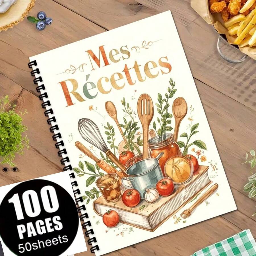 1 Caiet de rețete pentru bucătărie franceză | Caiet spiralat A5 - Jurnal de rețete unisex, poate înregistra până la 100 de rețete - Caiet de bucătărie cu design cu elemente de gătit - D - Vizualizare 1