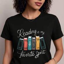 Camiseta gráfica para mujer 'La lectura es mi favorita' - Camiseta casual de manga corta, negra con diseño de libro colorido, suave y cómoda, perfecta para uso casual, camiseta con temática de libros- 1pcs, 180Gsm, 100% Cotton - Negro - Ver 4