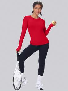 Seamless Long Sleeve Sportswear, Yoga Running Thumbhole Top, Breathable Warmth Design, For Fall Winter Outdoor Hiking Training - Fiery Red - 查看 5