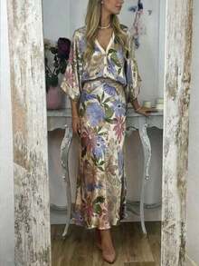 2pcs Women's Vintage Bohemian Tropical Print Midi Dress Set, Casual Fashionable Boho Style Spring/Summer Outfit - 彩色 - 查看 1