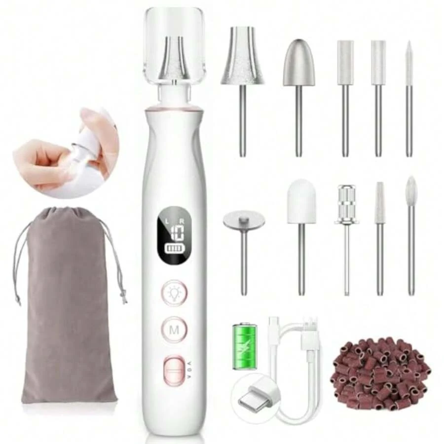 Professional Nail Drill Kit Electric Nail File with LCD and Lamp Long-Lasting Thick Toenail Grinder Rechargeable and Cordless Toe Nail  Tools for Women and Men Manicure and Pedicure Gifts - Pro White - Ver 1