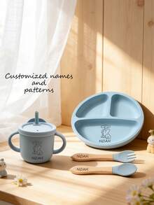 4pcs Baby Silicone Feeding Tableware Set, Customizable With Name And Pattern, Includes Plate, Straw Cup, Fork And Spoon - Multicolor - View 2