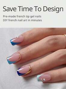 150pcs Short Square French Matte Gel False Nails, Soft Gel Nails, Suitable 15 Different Sizes, Manicure And Nail Salons, Press-On Nails, Nail Art Supplies - 藍色 - 查看 4